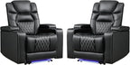 ANJ Power Home Theater Recliner Chair Set of 2, Electric Movie Theater Seating Reclining Chairs with Cup Holders for Living Room, Faux Leather with Blue LED, USB Ports, Hidden Arm Storage (Black)