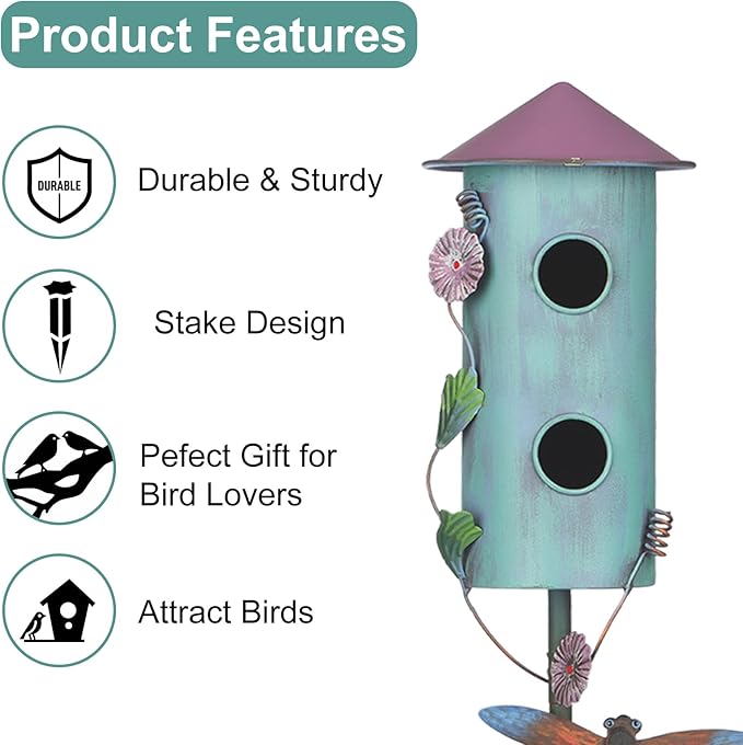 BAYN 57” Bird Houses Stake for Outside, Metal Wild Bird Feeder Double-Hole Birdhouse Stake with Cylinders Design Outdoor Decorations for Patio, Backyard, Garden
