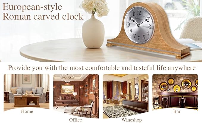 TXL Mantel Clock, Silent Wood Table Clock Battery Operated, Desk Shelf Vintage Clock for Living Room,Home Decor Gift, T20211