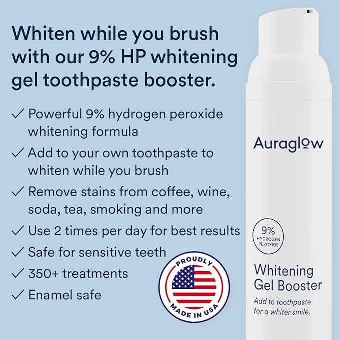 Auraglow Whitening Toothpaste Booster, Add to Toothpaste to Whiten, 9% Hydrogen Peroxide Teeth Whitening Gel Toothpaste, 350+ Whitening Treatments, 6-Month Supply, 2.6oz