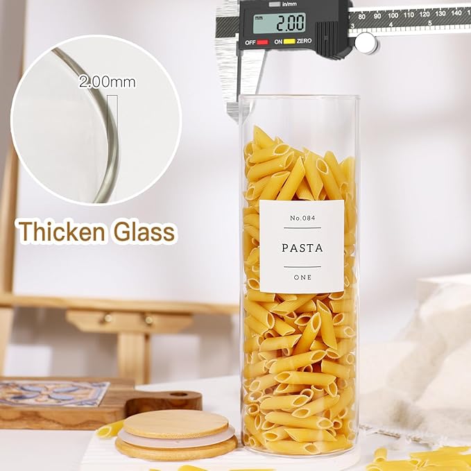 4 Pack Glass Jar with Airtight Wood Lid and White 132 Kichen Pantry Labels Preprinted - 38 Oz Clear Round Glass Food Storage Containers set For Cereal Rice Sugar