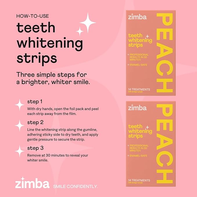Zimba Teeth Whitening Strips Vegan Whitening Strip Enamel Safe Teeth Whitening Hydrogen Peroxide Teeth Whitener for Coffee, Wine, and Other Stains, 28 Strips (14 Day Treatment), Peach