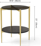 Round Glass End Table, Mid-Century Modern Design Sofa Table for Living Room, D18 x H23 in, 2-Tier Structure, Grey Glass Top and Black Marble Shelf, Sleek Conical Legs with Gold Finish Frame