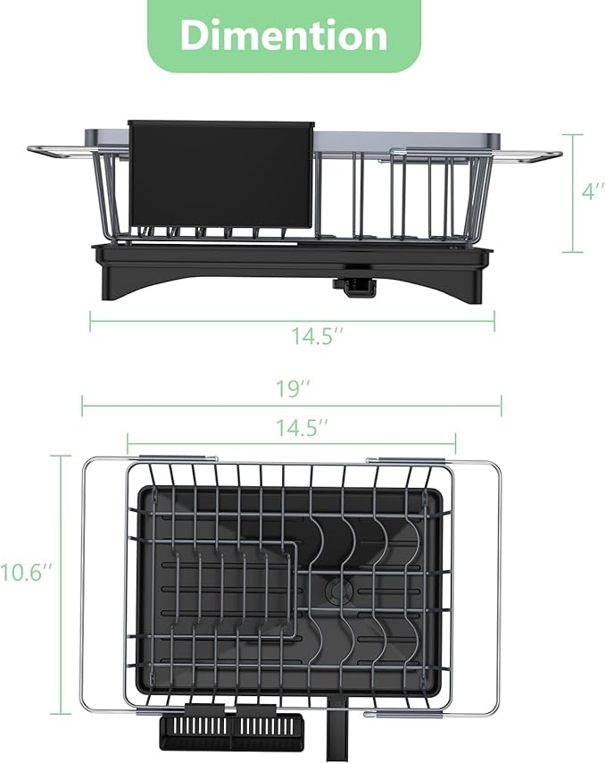 LEMIKKLE Expandable Dish Drying Rack- Space-Saving Dish Rack, Dish Drainers for Kitchen Counter with a Cutlery Holder, Over The Sink Dish Racks Fit for 14’’-19’’ Kitchen Sink Grey
