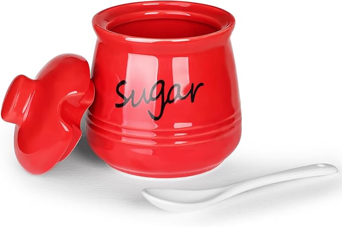 HAOTOP 12oz Sugar Bowl with Lid and Spoon,Ceramic Sugar Jar Sugar Dispenser Sugar Container Coffee Bar Accessories, Kitchen Countertop Canisters, Red