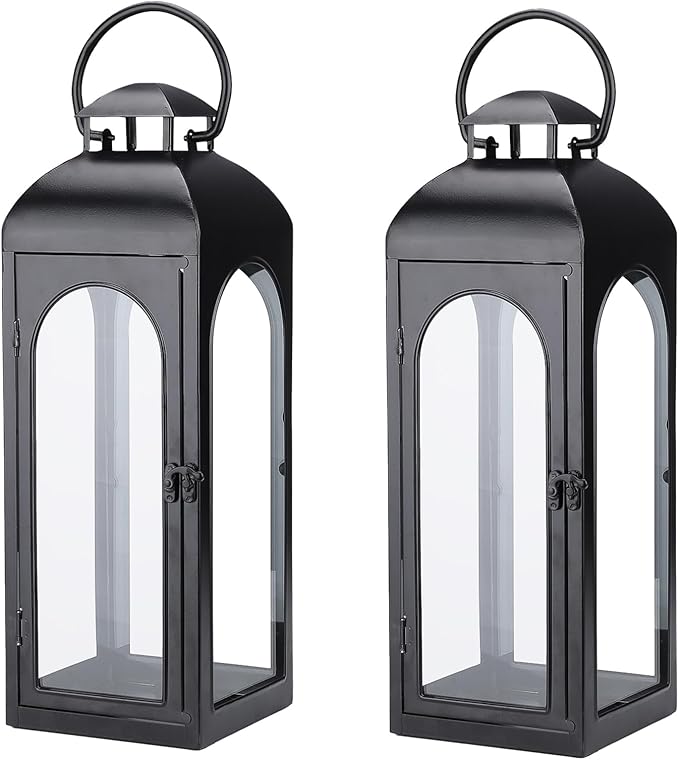 Bdor 2 Pack Large Luxury Lantern Decorative Tall 20 Inches Black Metal Hurricane Lanterns with Tempered Glass Panels for Front Porch,Tabletop, Mantle, Wall Hanging, or Garden, Indoor & Outdoor Décor