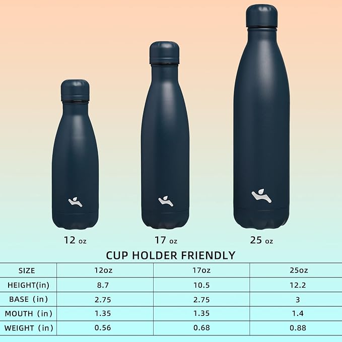 Insulated Water Bottles,12 oz Double Wall Stainless Steel Vacumm Metal Flask for Sports Travel, Navy Blue