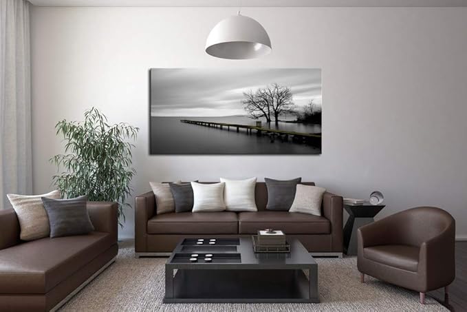 DZL Art S74950 Gray Canvas Prints Modern Minimalist Black and White Lake Trees Landscape Wall Art Painting for Living Room Bedroom Decor Office Wall Decor Home Decoration
