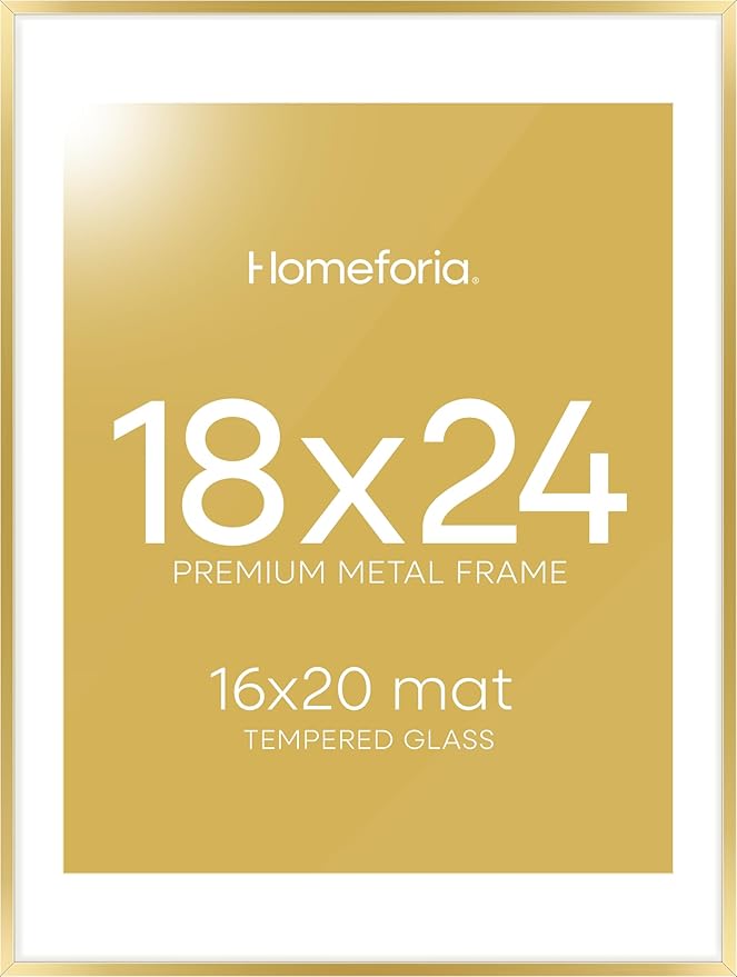 Homeforia 18 x 24 Poster Frame Gold, High End Metal 18x24 Picture Frames with Mat 16x20 Photo, 18 x 24 Gold Frame Matted to 16 by 20 Print, 24x18 Thin Hanging Frame, Tempered Glass, Wall Kit, Set of 1