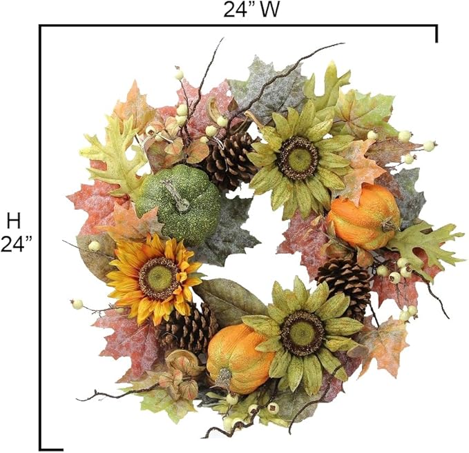 Admired By Nature 24 Inch Artificial Fall Pumpkin Sunflowers Wreath Wall Door Farmhouse Decor For Home Office Thanksgiving Harvest Wreaths For Front Door Cemetery Wreaths Indoor Outdoor, Green/Autumn