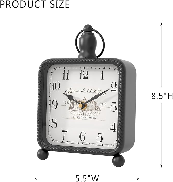 Vintage Black Table Clock on Stand, Desk and Shelf Decor Clock, French Rustic Style Non-Ticking Mantel Clocks for Farmhouse, Living Room, Bedroom, Bedside, Gift (8.5" H x 5.5" W)