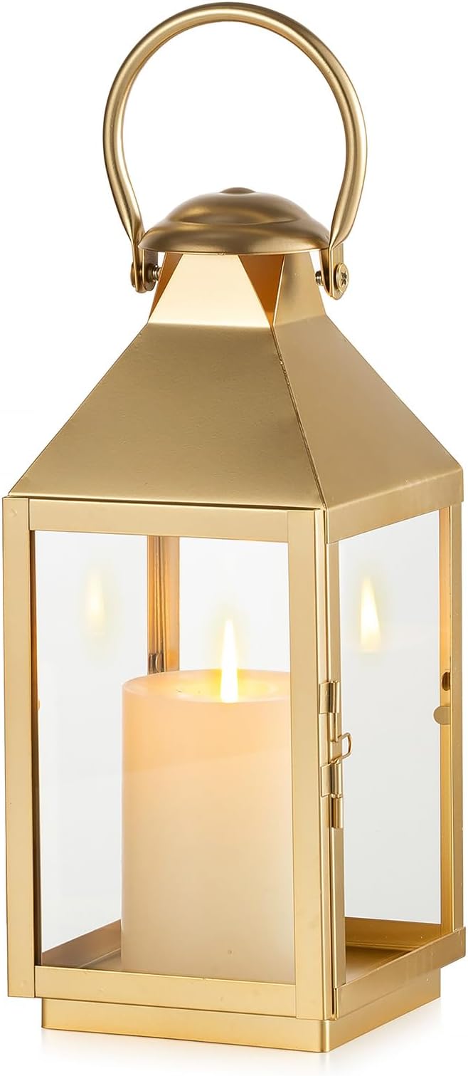 NUPTIO Gold Lanterns Decorative for Wedding: 11.3 Inch Tall Metal Lantern Decor with Glass - Outdoor Candle Holder for Table Centerpiece Dining Room Mantel Patio