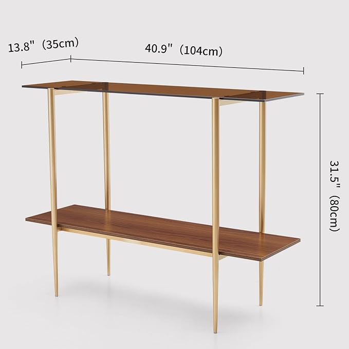 Glass Console Table for Living Room, Foyer & Entrance, 2-Tiers Mid-Century Modern Sofa Table with Amber Glass Top, Walnut Finish Wood Shelf and Gold Finish Frame