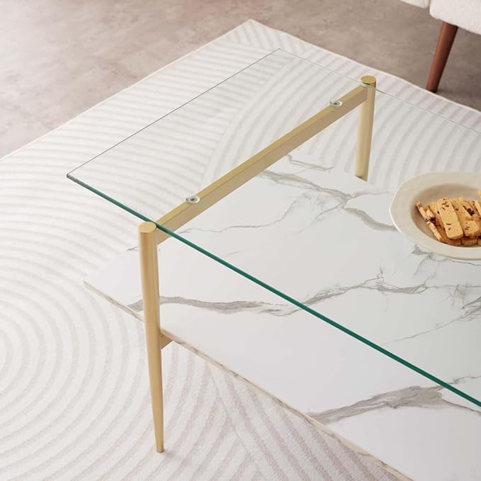 Rectangle Coffee Table for Living Room, Mid-Century Modern Design, L41 x W21 x H17, 2-Tier Structure, Clear Glass Top and White Marble Finish Wood Shelf, Conical Legs with Gold Finish