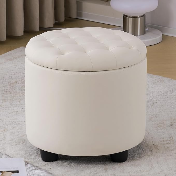 Furniliving Upholstered Button Tufted Round Ottoman, PU Storage Ottoman Round, Removable Lid Convenient Footstools, Classic Ottoman with Storage for Vanity, Nursery Room，IvoryWhite