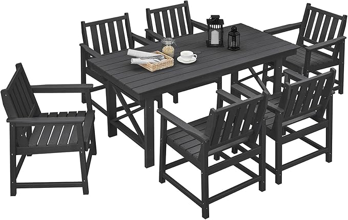 7 Pieces HDPE Outdoor Dining Set, Patio Dining Set with Umbrella Hole, All Weather Outdoor Dining Table Sets for 6, HDPE Patio Furniture Sets for Deck, Backyard, Lawn, and Poolside, Obsidian