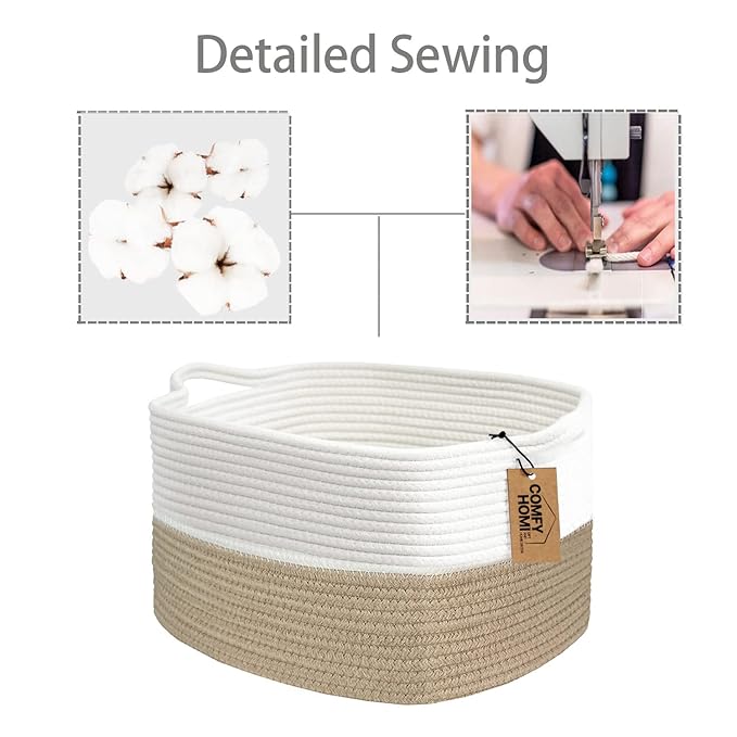 COMFY-HOMI Cotton Rope Woven Basket with Handles for Shelves,Toys,Book, Cloth Storage Baskets Bin for Organizing-13.5"x11"x9.5" Toy Decorative Organizer for Living Room, Bathroom-Light Brown