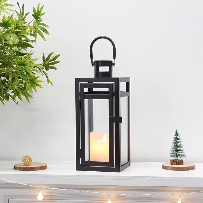 TRIROCKS Metal Candle Lantern 12'' High Decorative Outdoor Lantern Hanging Lantern with Tempered Glass for Christmas Home Decor Living Room Parties Events Tabletop Indoors Outdoors (Black Matte)