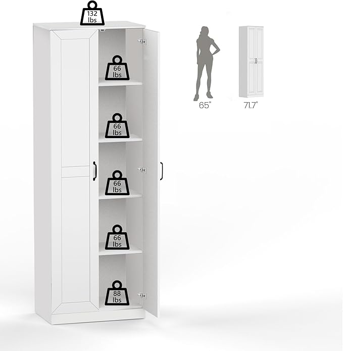 71" Tall Pantry Cabinet/Storage Cabinet, Wood Cupboard with 2 Door and 3 Adjustable Shelves for Kitchen, Dining Room, Living Room, Bathroom (Style 2)