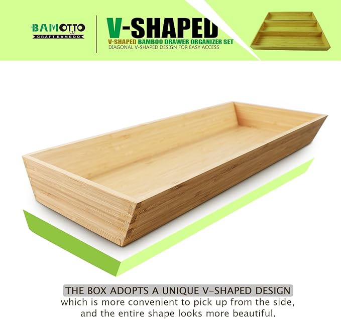 2-Piece V-Shaped Bamboo Drawer Organizer - Ideal for Kitchen's Large Long Tableware, Cooking Utensils, Flatware, Silverware - Wood Storage Box for Home, Bedroom, Bathroom (19.6"x12.4" & 19.6"x7.8")