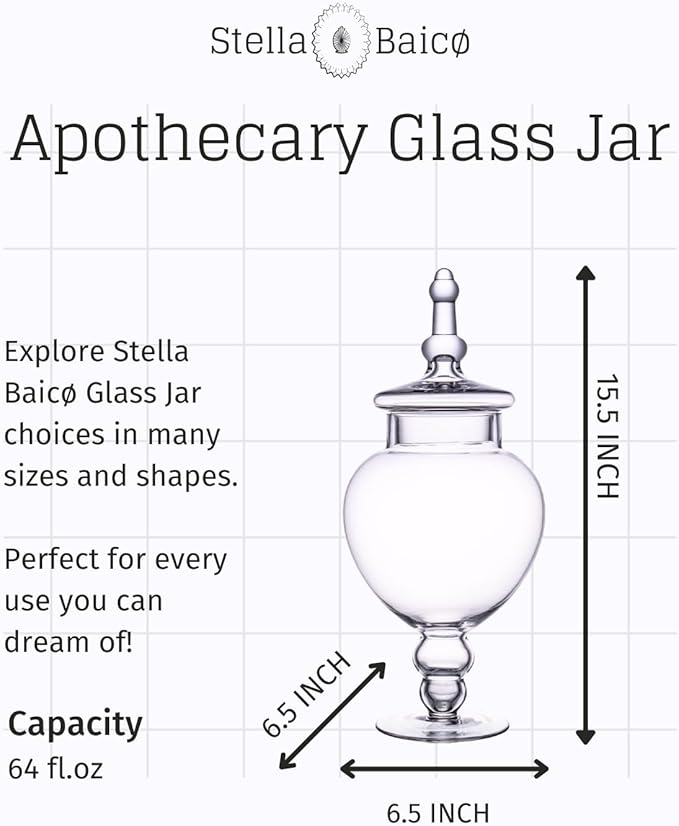Large Glass Apothecary Jars with Lid, Clear Glass Candy Jar for Candy Buffet, Decorative Glass Jar for Party, Wedding and Home Decor, Elegant Glass Candy Canister (Height: 15", Diameter: 6.3")