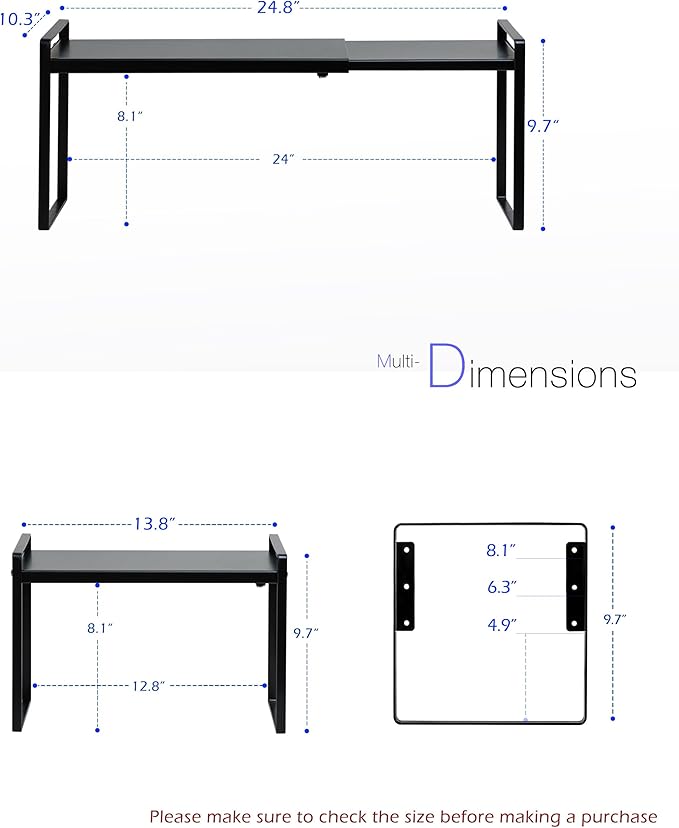 Nxconsu Cabinet Shelf Expandable Height Adjustable Organizer Riser for Kitchen Cabinet Pantry Cupboard Under Sink Countertop Organization Storage Space Saver Stackable Heavy Duty Metal Black XL