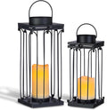 Solar Lantern Decorative Outdoor Set of 2 (18’’ & 15’’) Modern Black Metal Lanterns with Solar Candles, Decorative Candle Lanterns for Outdoor Porch, Patio, Garden, Yard Decor