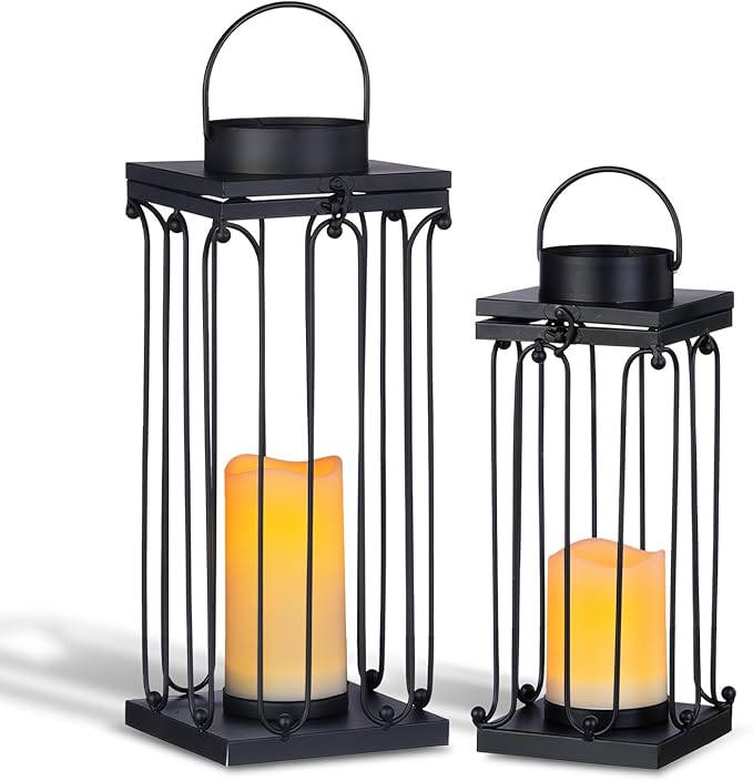 Solar Lantern Decorative Outdoor Set of 2 (18’’ & 15’’) Modern Black Metal Lanterns with Solar Candles, Decorative Candle Lanterns for Outdoor Porch, Patio, Garden, Yard Decor