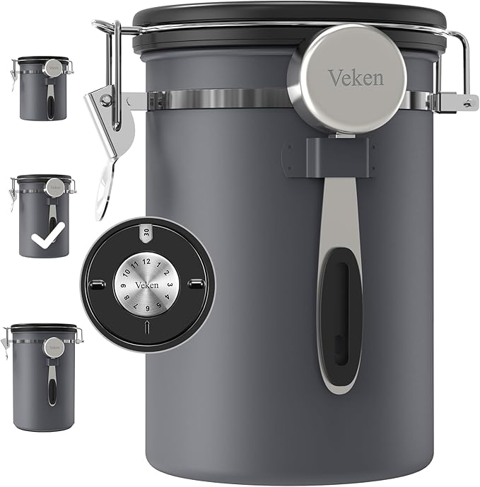 Veken Coffee Canister, Airtight Stainless Steel Kitchen Food Storage Container with Date Tracker and Scoop for Grounds Coffee, Beans, Tea, Flour, Cereal, Sugar, Cookies Jars, 22OZ Gray