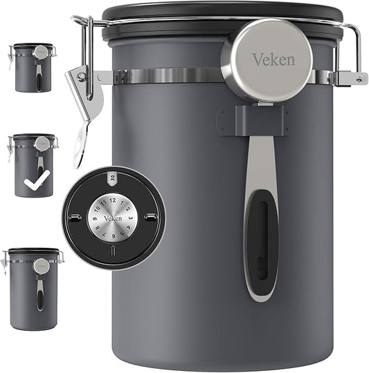 Veken Coffee Canister, Airtight Stainless Steel Kitchen Food Storage Container with Date Tracker and Scoop for Grounds Coffee, Beans, Tea, Flour, Cereal, Sugar, Cookies Jars, 22OZ Gray