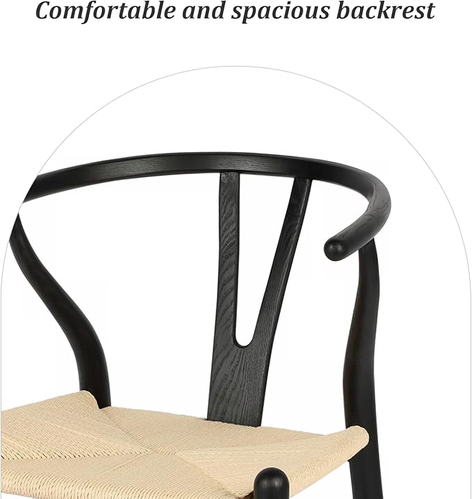 Wishbone Chair Natural Solid Wood Dining Chair/Hans Vegner Y Chair Rattan and Wood Accent Armrest Chairs (Ash Wood - Black + Natural Cord)