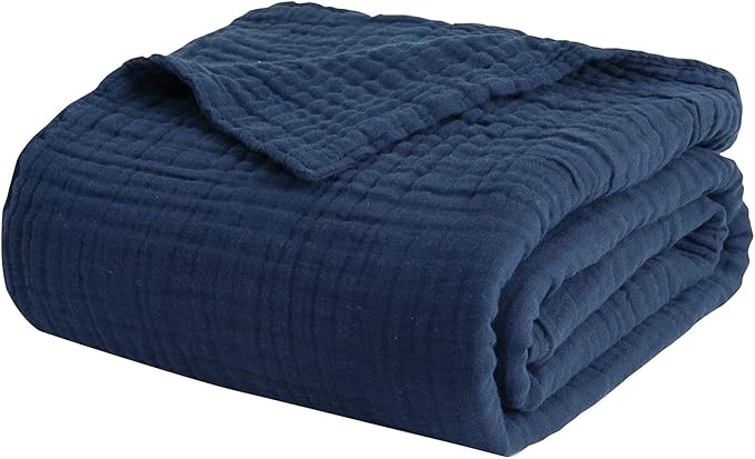 EMME Cotton Blanket Queen Size for Bed Soft Large Muslin Bed Blankets 90"x90" Lightweight Breathable All Season Gauze Blanket, Navy