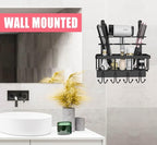 REFLYING Over-the-Door Hairdryer and Styling Tool Organizer, Metal, Black, 3 Compartments, 8 Hooks, 15"H x 10"W x 4.7"D