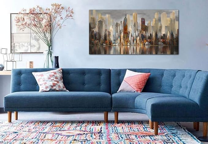 Framed Wall Art Large Cityscape New York Wall Decor Canvas Prints Abstract Brown City Theme Paintings Modern Canvas Wall Art for Living Room Bedroom Big Size 24x48 Framed