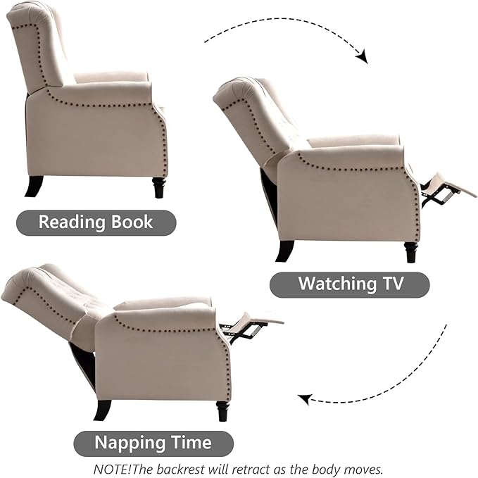CANMOV Push Back Recliner Chair,Accent Chair,Mid Century Wingback Recliner, Fabric Push Back Recliner Chair Single Armchair Sofa with Rivet Decoration, Button-Tufted Back for Living Room, White