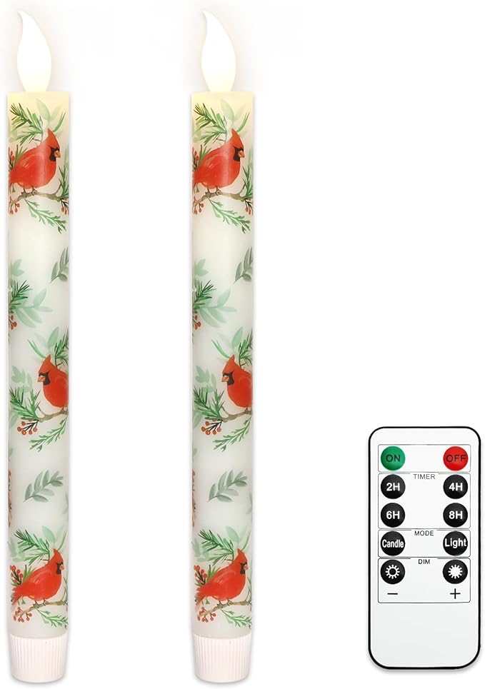 Cardinal Bird Flameless Taper Candles with Remote - Red Bird Theme LED Taper Candles for Home Xmas Holiday Party Christmas Decoration - 2PCS 9.5INCH