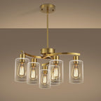6-Light Gold Chandeliers for Dining Room, Modern Kitchen Island Light Fixtures Over Table, Metal Hanging Pendant Lighting for Living Room Stairwell Entryway Bedroom, Clear Glass Shade