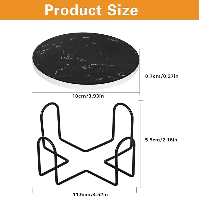 Drink Coasters with Holder Absorbent Ceramic Coasters Set of 6 Black Marble Style, 4 Inches Suitable for Kinds of Cups and Outdoor Picnic