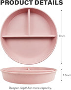 greenandlife 9 Inch 4PCS Divided Plates with Lids, Portion Control Plates for Kids Adults, Dishwasher Microwave Safe Compartment Plate, Unbreakable Lightweight Reusable Wheat Straw Plate Set, INS