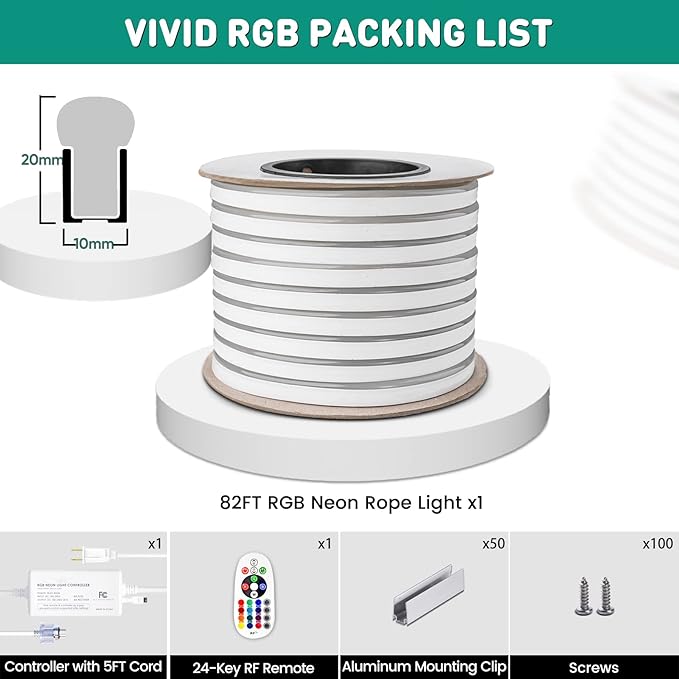 GZBtech RGB LED Neon Rope Lights 82FT/25M, AC 110-120V Waterproof Color Changing LED Rope with Remote Controller, Dimmable Multi Color Neon Rope Lighting for Indoor Outdoor Commercial Use