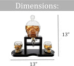 Skull Skeleton Wine & Whiskey Decanter Set 750mL with 2 Skull Shot Glasses 3oz | Gothic Skeleton Barware on Mahogany Wooden Base with Spigot | Spooky Halloween Decor Drinkware & Unique Goth Gift Idea