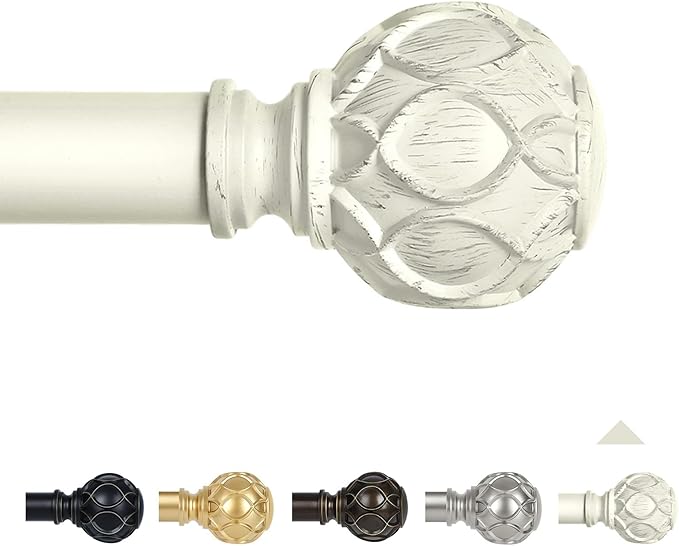 White Farmhouse Curtain Rods for Windows:66-120" Heavy Duty Adjustable Curtain Rod for Bedroom Living Room,Boho Decorative Rustic Drapery Rods with Vintage Coastal Texture Finial,Antique White