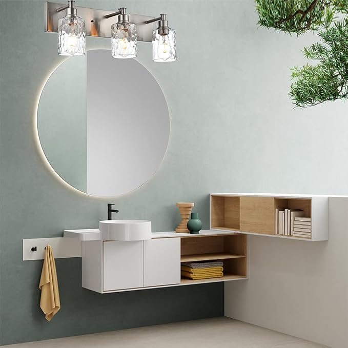 BONLICHT Bathroom Vanity Light Fixtures 3 Lights Modern Wall Sconce Brushed Nickel with Metal Base and Hammered Glass Shade, Industrial Farmhouse Bath Wall Lights for Hallway Kitchen Bedroom
