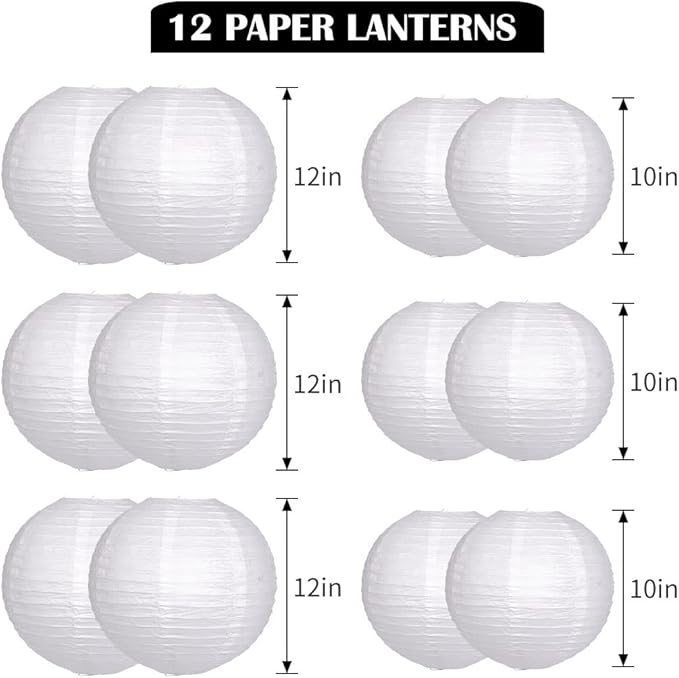 Paper Lanterns Decorative, White Hanging Round Chinese Lanterns with Lights for Wedding Anniversary Birthday Party 12 LED Light Pack of 12