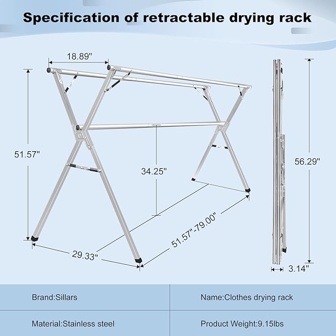 Sillars Clothes Drying Rack, 63 inches Laundry Drying Rack Clothing Foldable & Collapsible Stainless Steel Heavy Duty Clothing Drying Rack with Windproof Hooks for Indoor Outdoor
