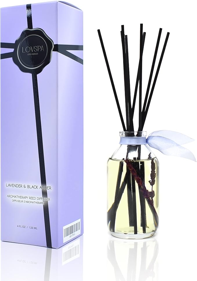 LOVSPA Reed Diffuser Set, Lavender & Black Amber Scented Oil Diffuser with Sticks, Home Fragrance Accessories for Bathroom Shelf Decor, Aroma Diffusers for Home or Office Desk, USA Made