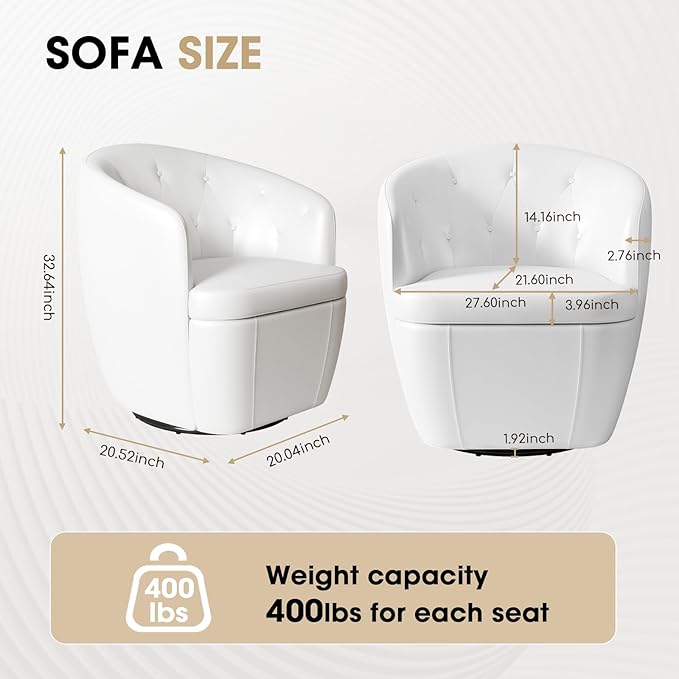 360° Swivel Leather Accent Chair, Modern Barrel Club Chair with Leather Upholstery and Sturdy Base, Comfortable Armchair for Living Room, Bedroom, Reading Nook, White
