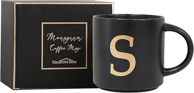 COLLECTIVE HOME - Monogram Ceramic Mugs, 15 oz Golden Initial Black Coffee Cups, Elegant Alphabet Tea Mugs, Elegant Personalized Mug with Gift Box, Unique Mug with Double Side Capital Lette (S)