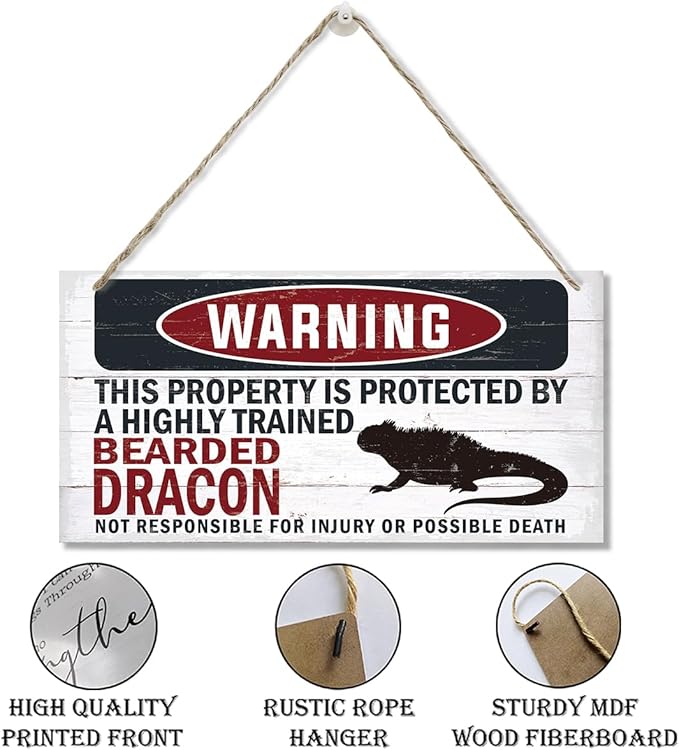 Warning Sign, Bearded Dracon Warning Wood Plaque Sign, Funny Door Signs, Decorative Wood Hanging Suspension Plaque, Farmhouse Wooden Wall Decor, Outdoor Hanging Wooden Signs