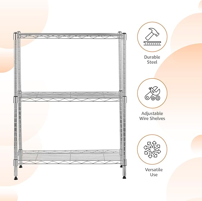 Amazon Basics 3-Shelf Adjustable Heavy Duty Steel Wire Rack Storage Shelving Organizer for Kitchen, Garage, 23.2" L x 13.4" W x 30" H, Chrome